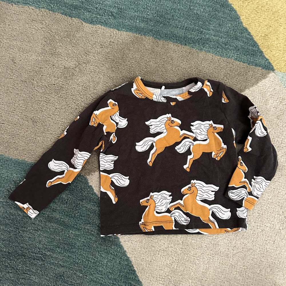 Mini Rodini Black and Tan Horse Print Long Sleeve Tee